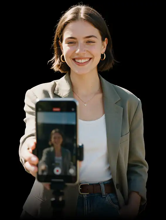 Usmívající se žena ukazuje svůj video pitch na telefonu