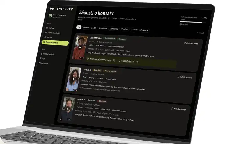 Přehled žádostí o kontakt ve firemní aplikaci Pitchty