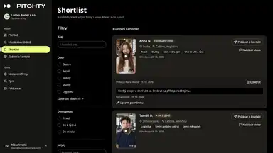 Shortlist uložených kandidátů ve firemní aplikaci Pitchty