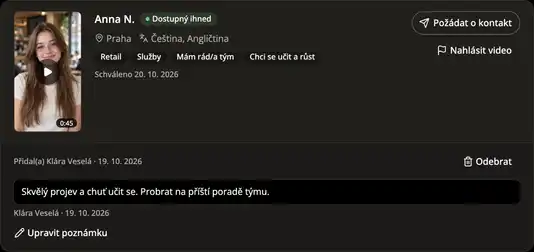 Kandidátka uložená na shortlistu ve firemní aplikaci Pitchty